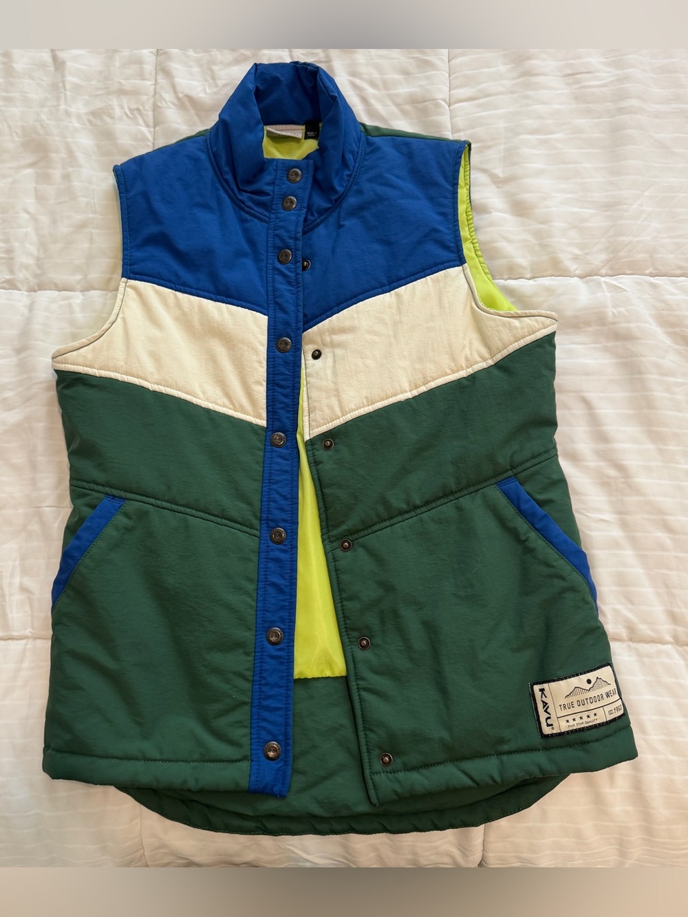 Kavu Blue Puffer Vest with Neon Yellow Lining